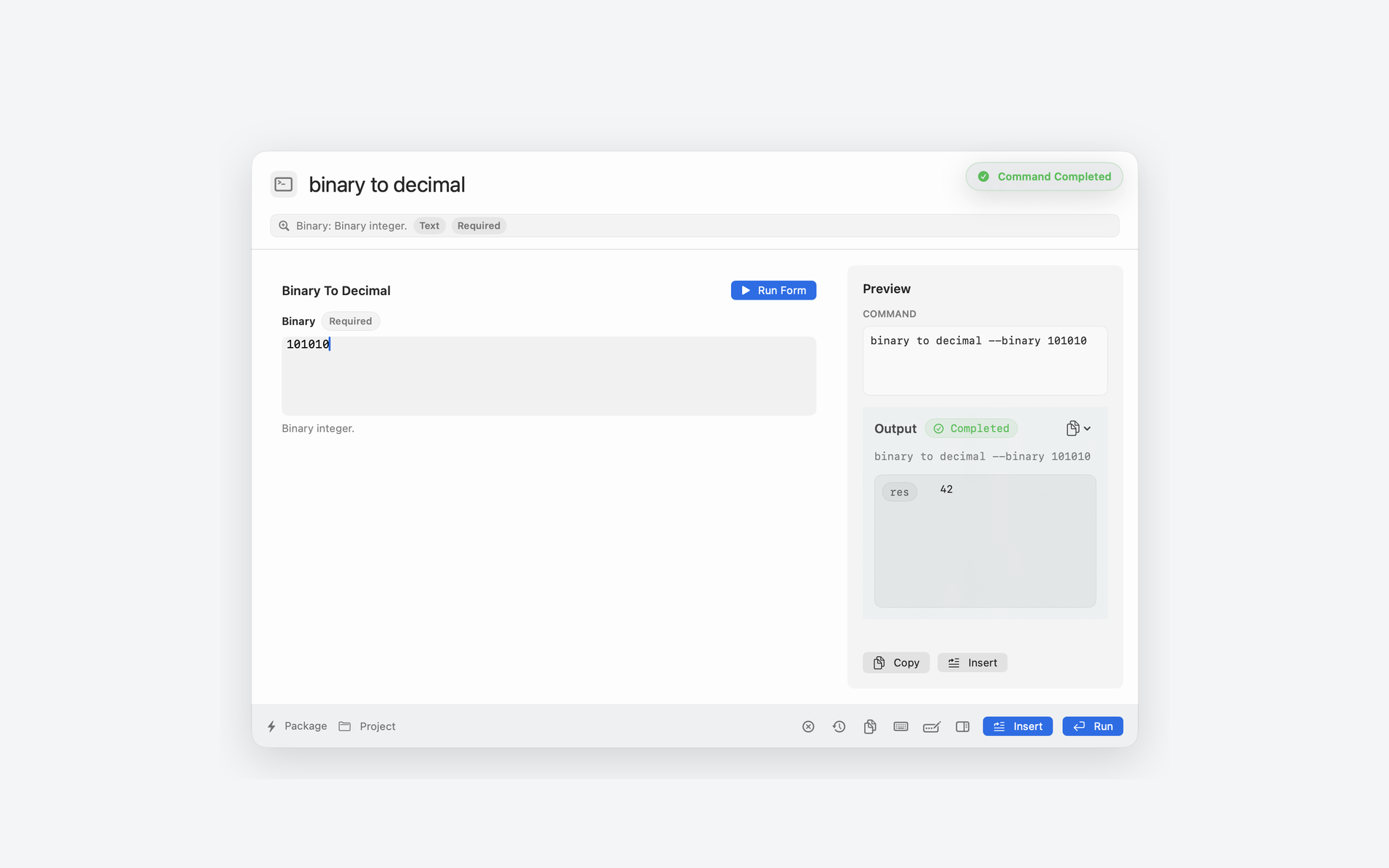 Tersa з формою перетворення binary to decimal, попереднім переглядом запиту і панеллю результату