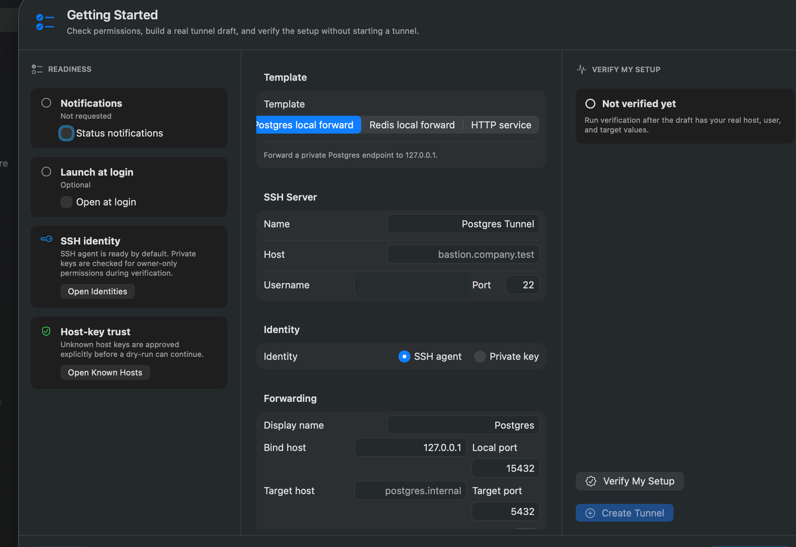 Tunello Getting Started із шаблоном тунелю, permissions, SSH identity і перевіркою setup